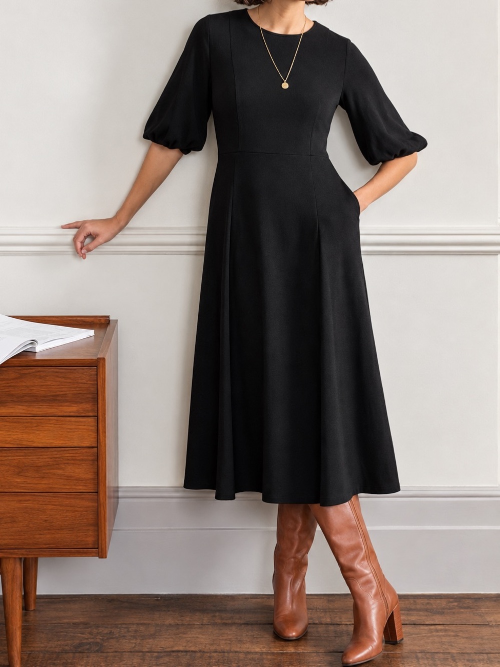 Boden Full Skirt Jersey Midi Dress in Black Fit & Flare Pockets Size 4R